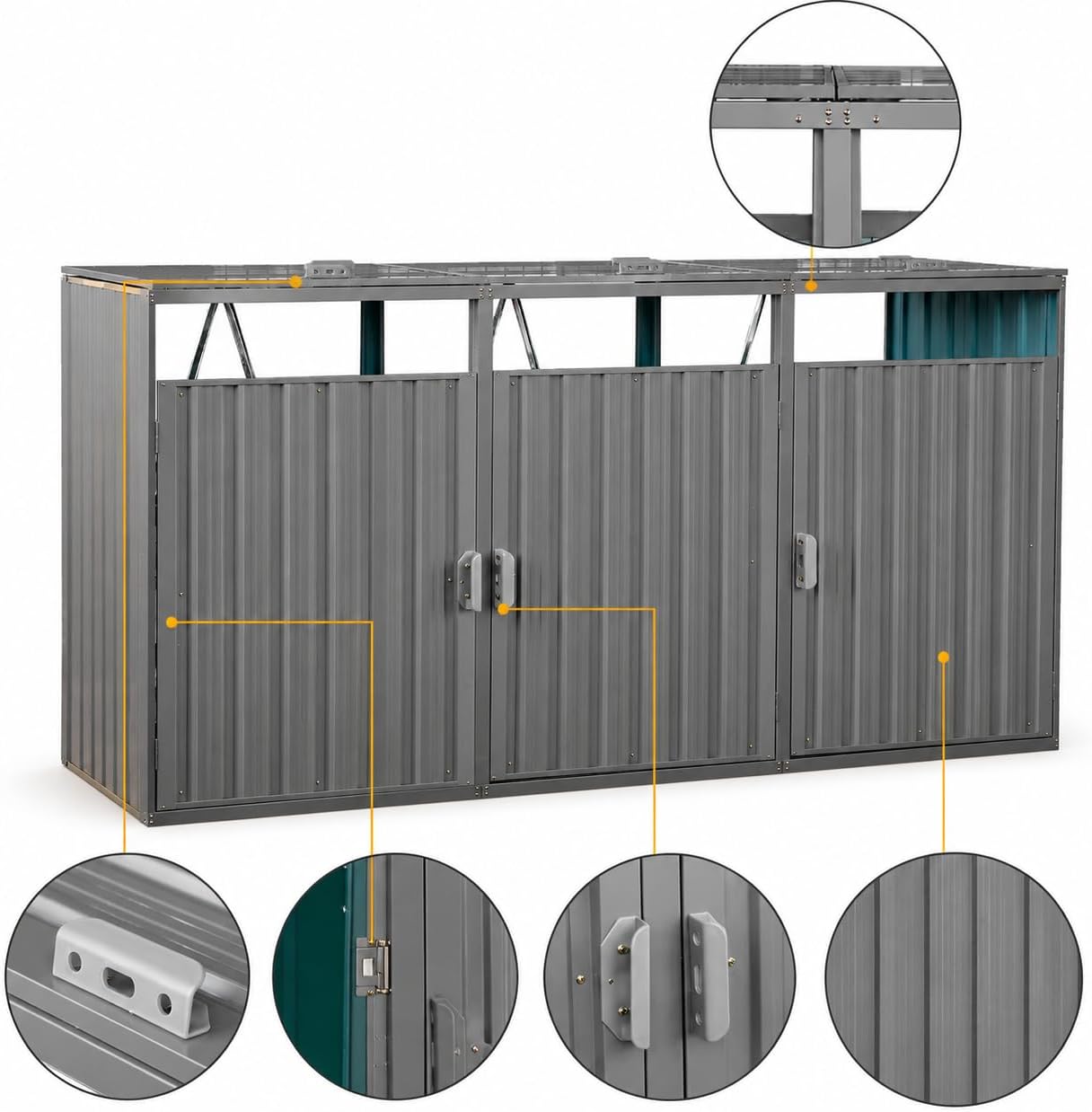 Outdoor 3-Bin Metal Garbage Shed Galvanized Steel with Lockable Doors | Lift-Up Lids, Trash Can Storage, Garden & Yard Use, 3 Compartments, Lawn Storage