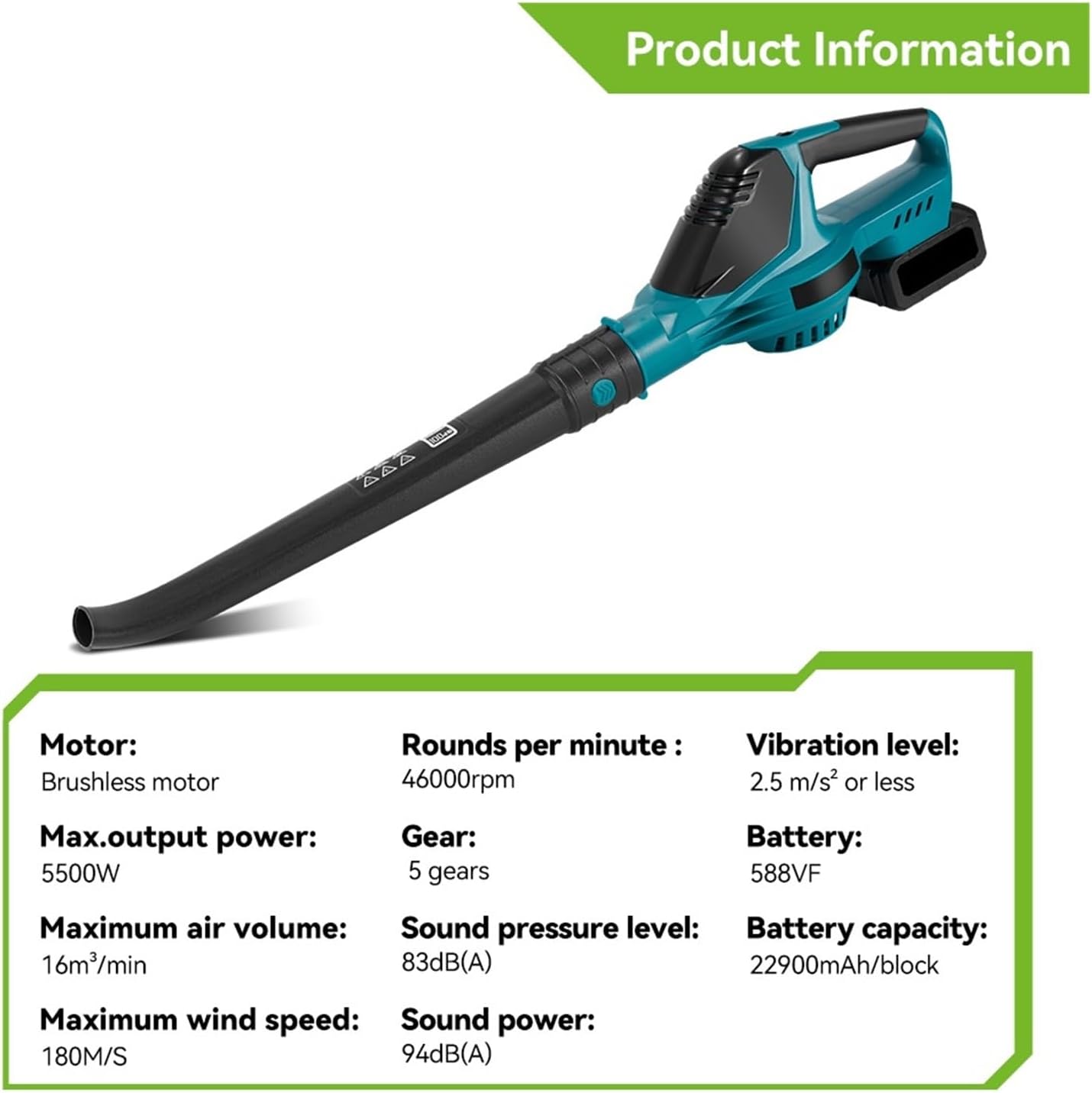5500W Brushless Electric Air Blower 5 Gears Cordless Leaf Blower Super Powerful Blower Cleaning Tools for 18V Battery Pin(2 Battery EU Plug)