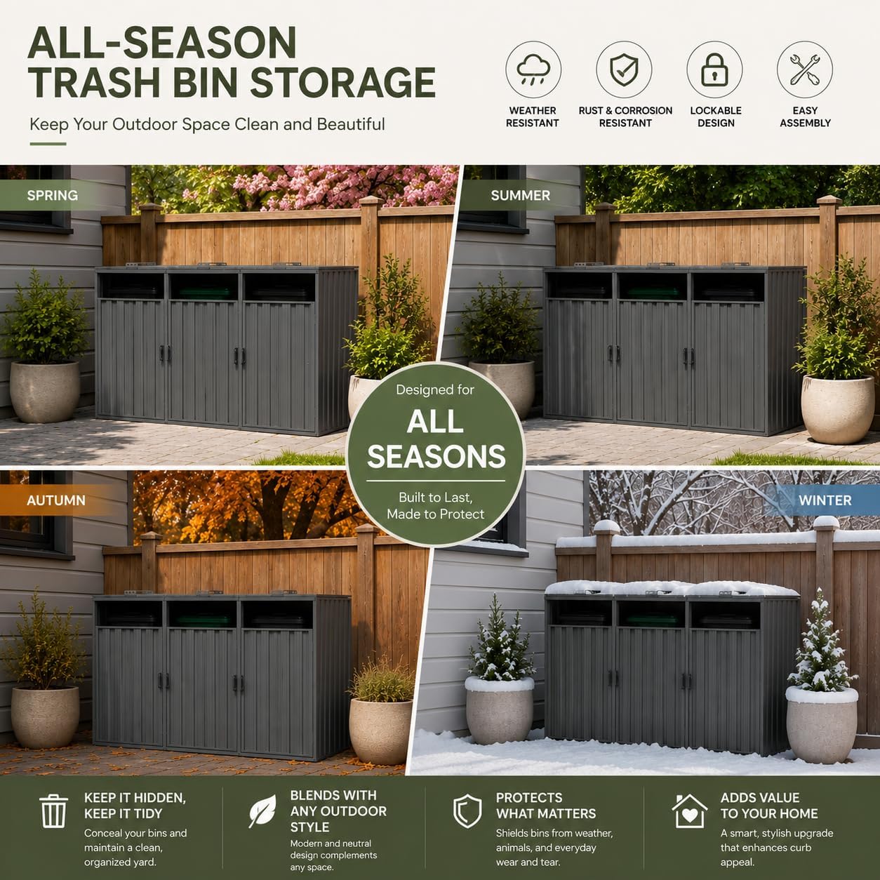 Outdoor 3-Bin Metal Garbage Shed Galvanized Steel with Lockable Doors | Lift-Up Lids, Trash Can Storage, Garden & Yard Use, 3 Compartments, Lawn Storage
