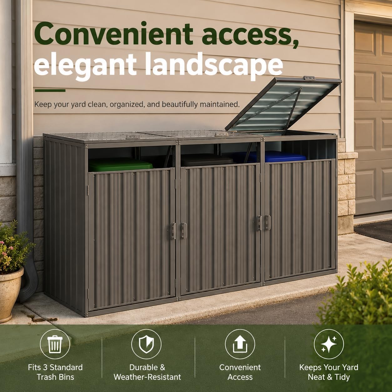 Outdoor 3-Bin Metal Garbage Shed Galvanized Steel with Lockable Doors | Lift-Up Lids, Trash Can Storage, Garden & Yard Use, 3 Compartments, Lawn Storage