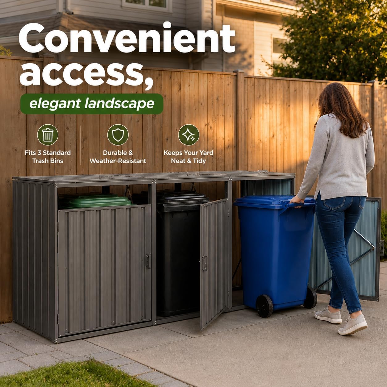 Outdoor 3-Bin Metal Garbage Shed Galvanized Steel with Lockable Doors | Lift-Up Lids, Trash Can Storage, Garden & Yard Use, 3 Compartments, Lawn Storage