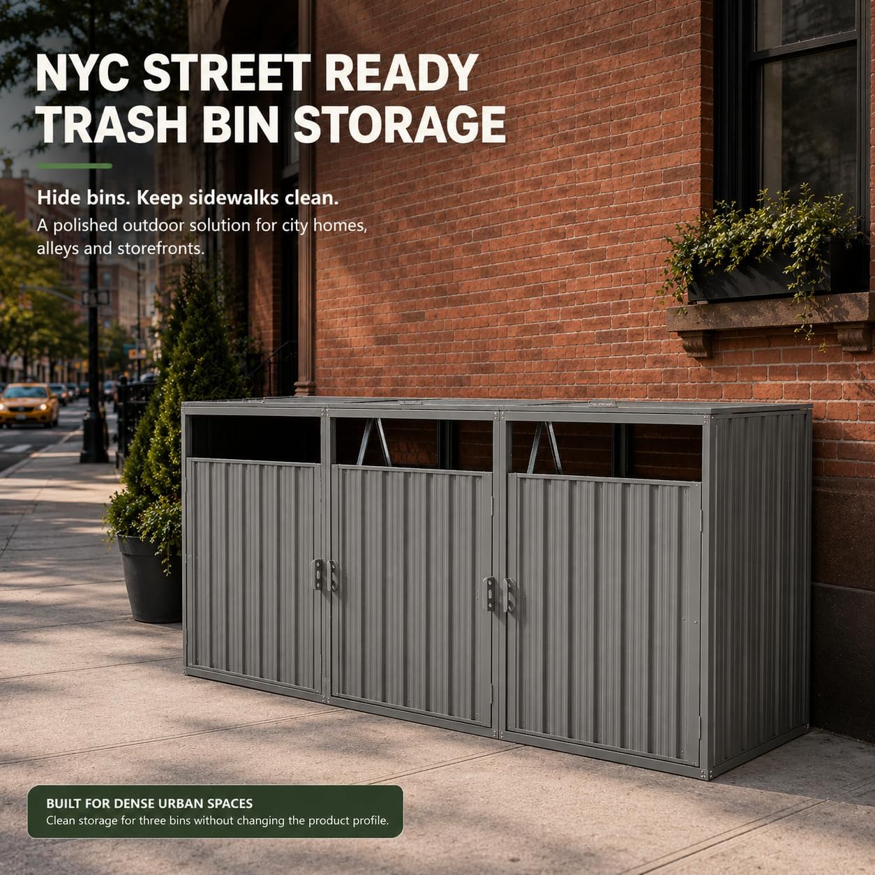 Outdoor 3-Bin Metal Garbage Shed Galvanized Steel with Lockable Doors | Lift-Up Lids, Trash Can Storage, Garden & Yard Use, 3 Compartments, Lawn Storage