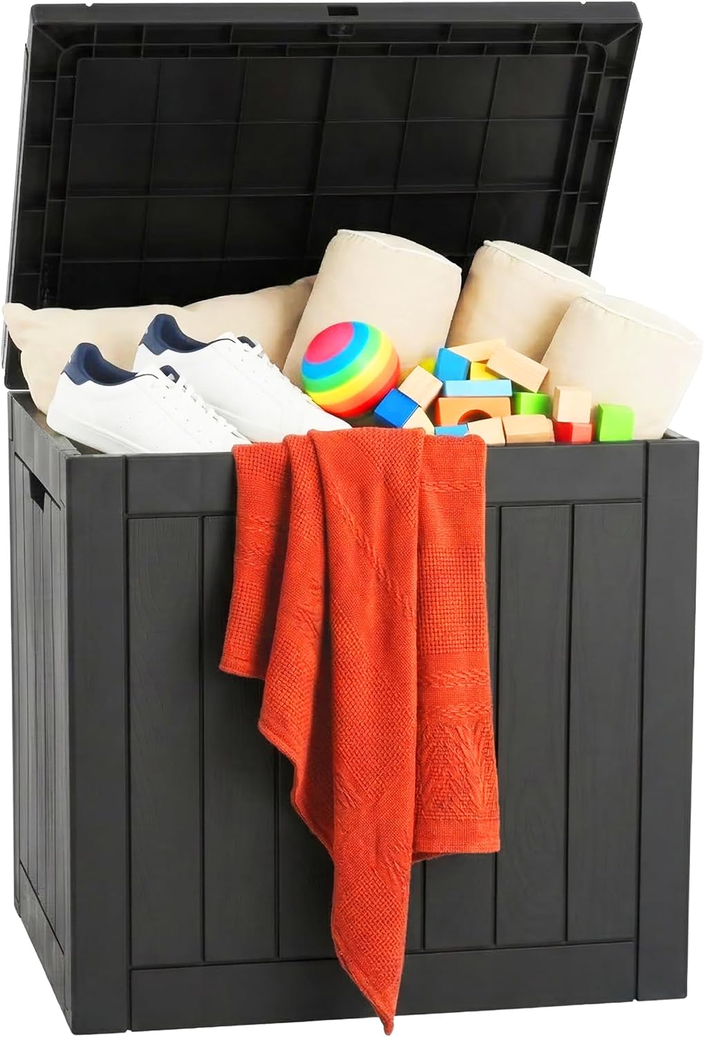 Relaxdays Garden Storage Box with Seat Cushions & Tools, Weatherproof, UV-Resistant, 53x56x43 cm, Black