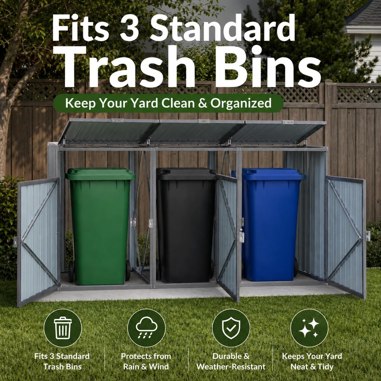Outdoor 3-Bin Metal Garbage Shed Galvanized Steel with Lockable Doors | Lift-Up Lids, Trash Can Storage, Garden & Yard Use, 3 Compartments, Lawn Storage