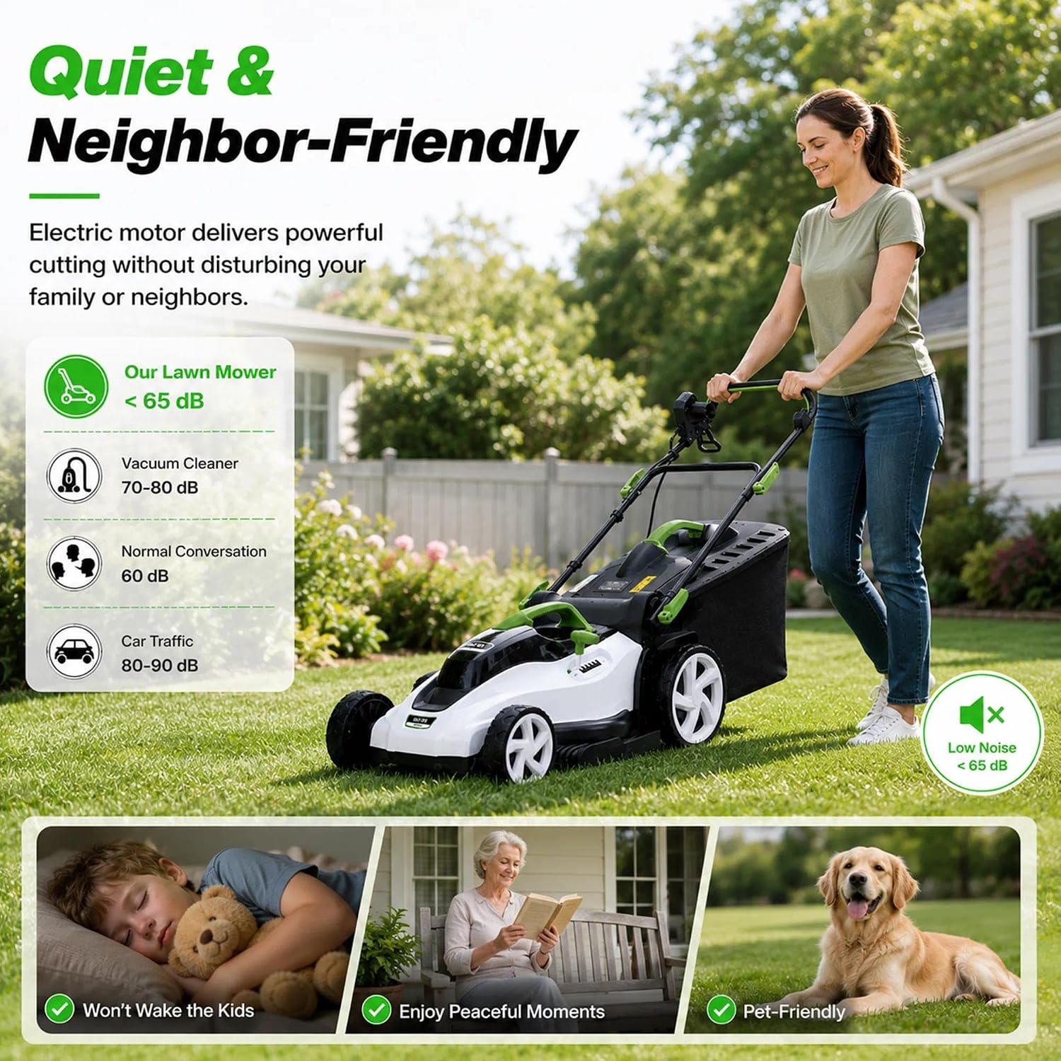 Lightweight Electric Push Mower for Women, 16.5" Cutting Width, 6Ah Battery Powered Electric Mower, Smooth Handling Around Trees and Shrubs, Effortless Lawn Care