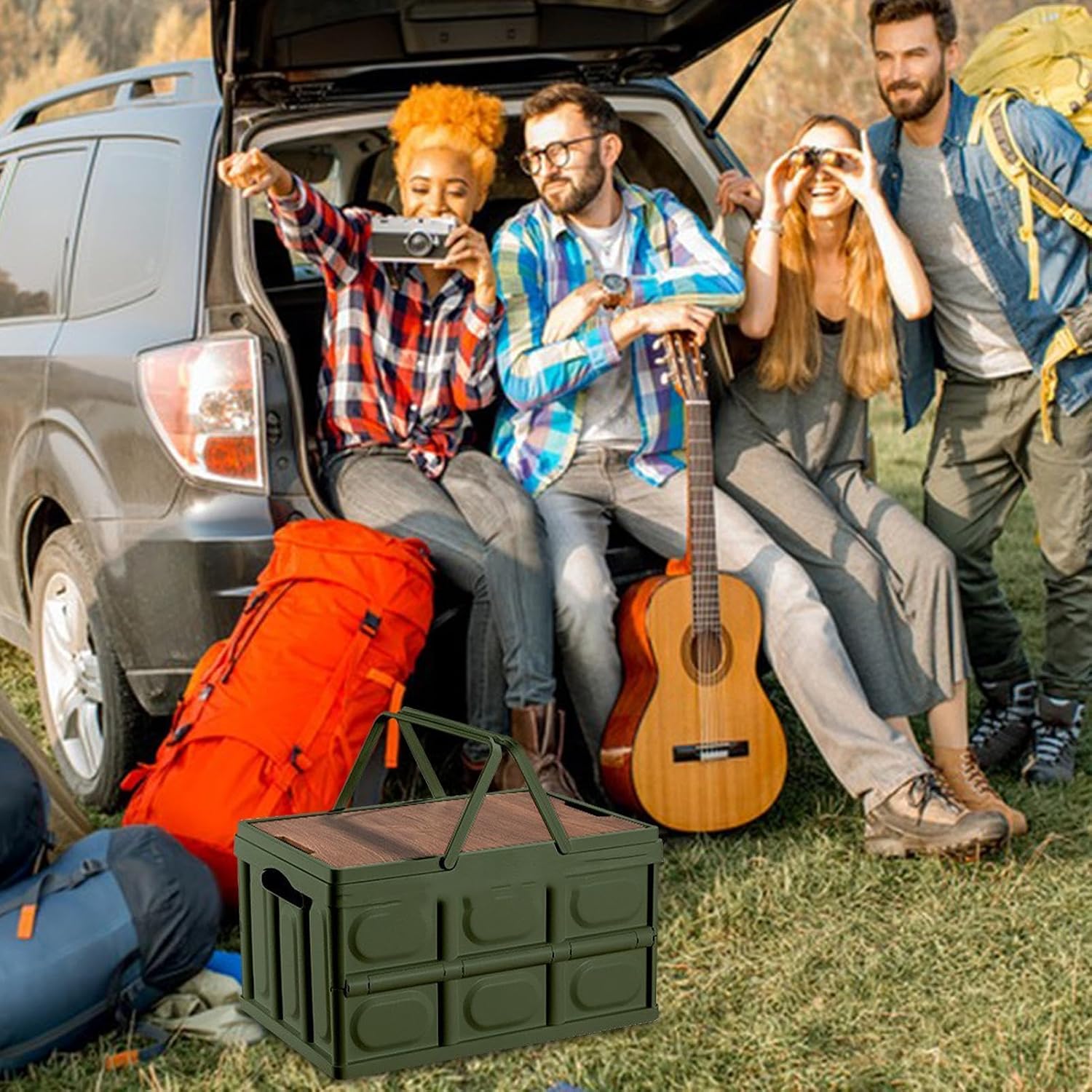 Outdoor Camping Folding Box Storage Box Portable Handle Large Capacity | Outdoor Storage for Patio Reliable Material, Wide Applications, Bathroom, Camping, Garden, Car