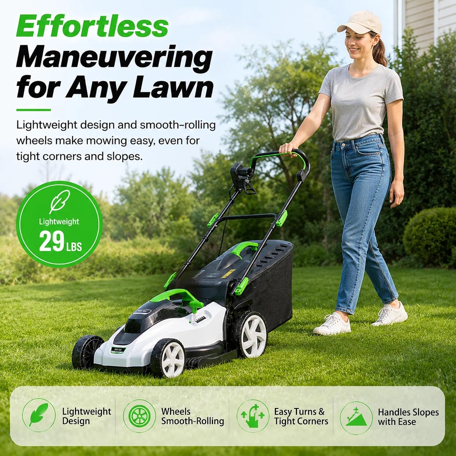 Lightweight Electric Push Mower for Women, 16.5" Cutting Width, 6Ah Battery Powered Electric Mower, Smooth Handling Around Trees and Shrubs, Effortless Lawn Care