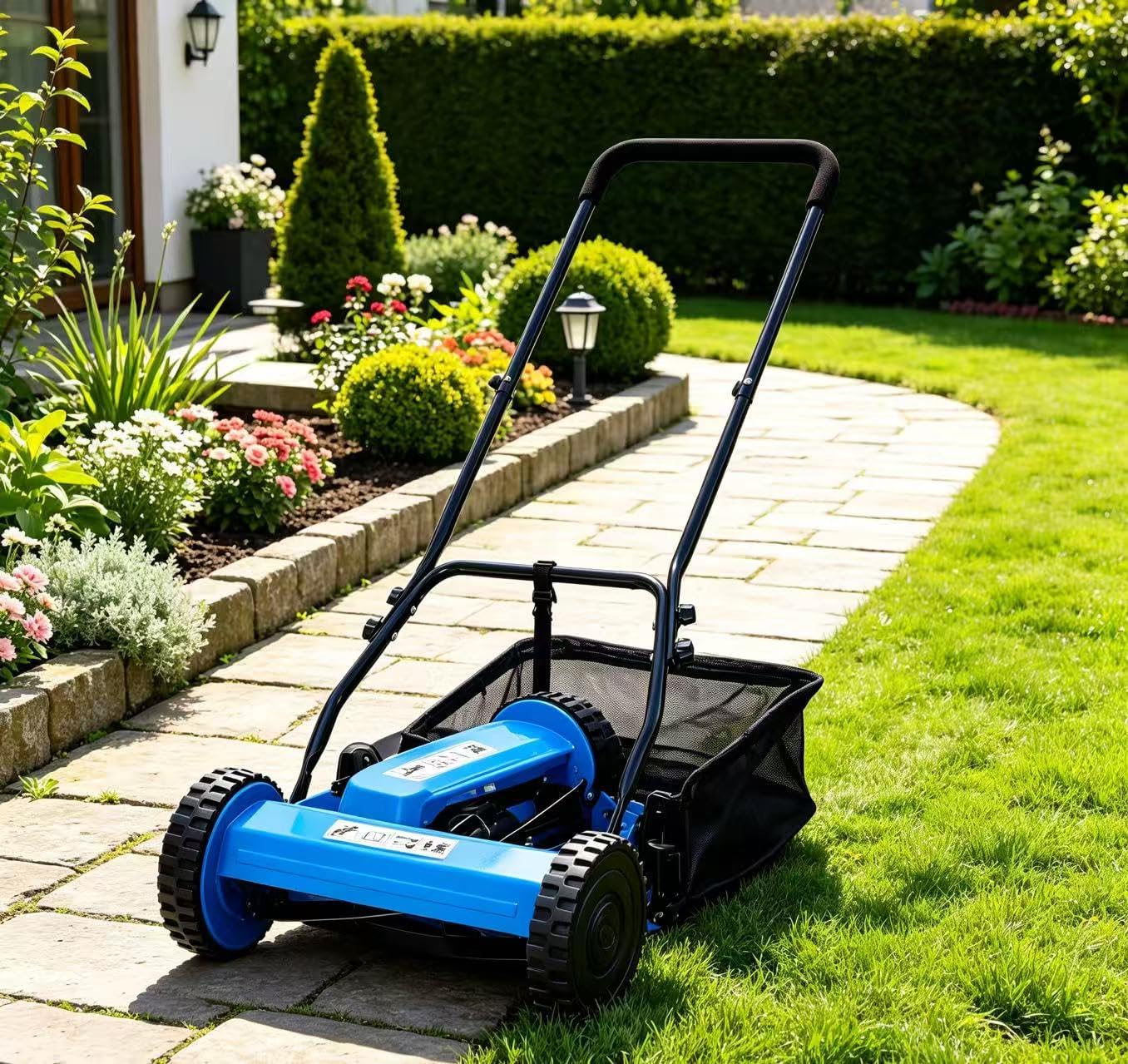 16 Inch 5-Blade Push Reel Lawn Mower with Grass Catcher, Adjustable Cutting Height Manual Reel Mower, Eco-Friendly Noise-Free Walk Behind Grass Cutter for Small Yard Lawn Garden, Blue