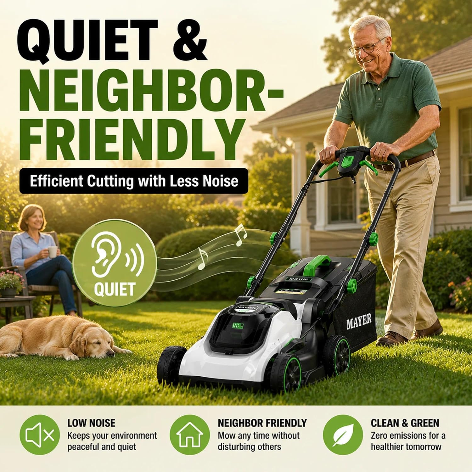 Battery-Powered Lawn Mower for Seniors – Lightweight, Easy Start, Quiet & Safe, Dual 6.0Ah Batteries for Long Runtime, Perfect for Small to Medium Yards