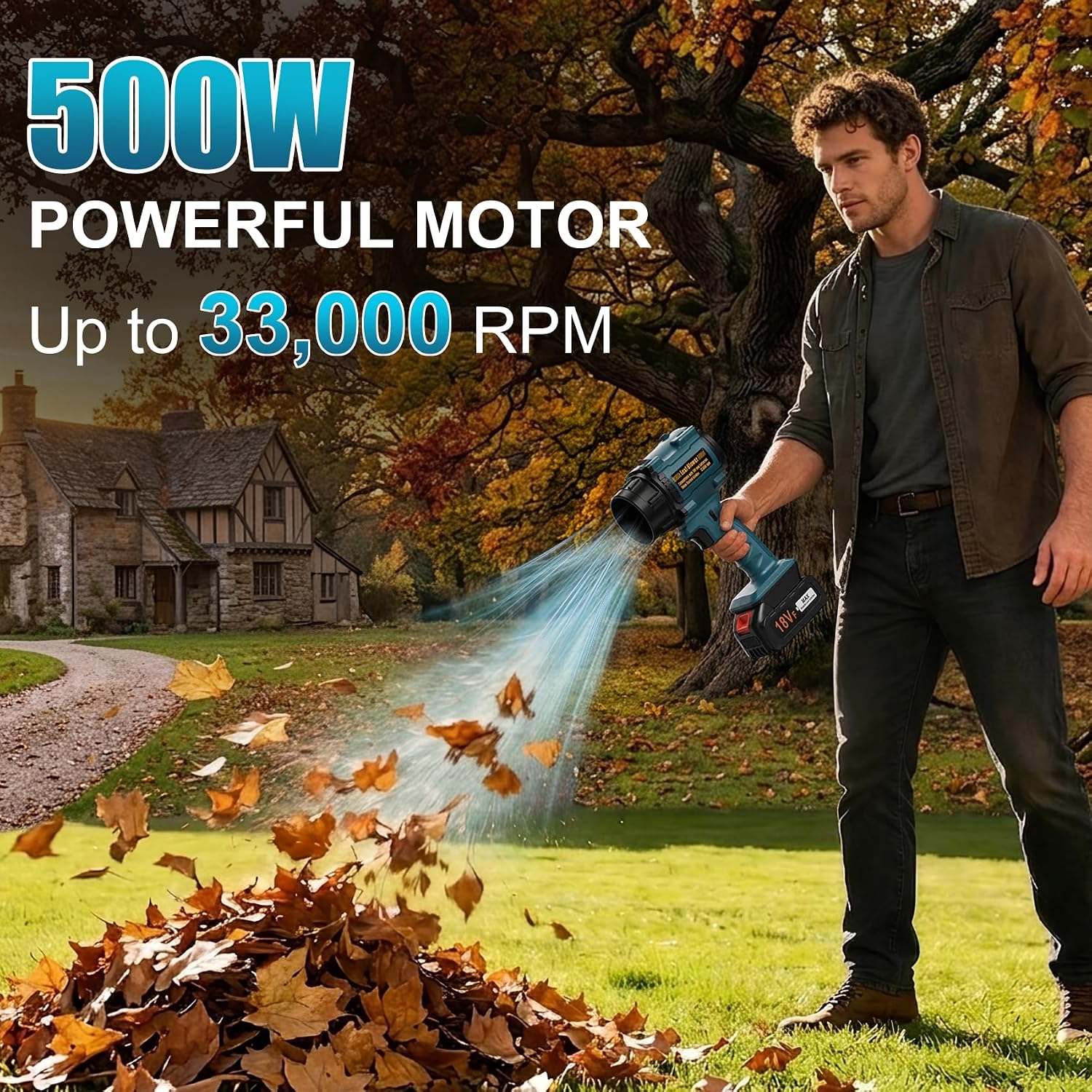 Cordless Leaf Blower, Lightweight Electric Blower | Stepless Variable Speed Control with Powerful 500W Airflow, Ideal for Patio Cleanup, Garage Dust Removal and Car Drying
