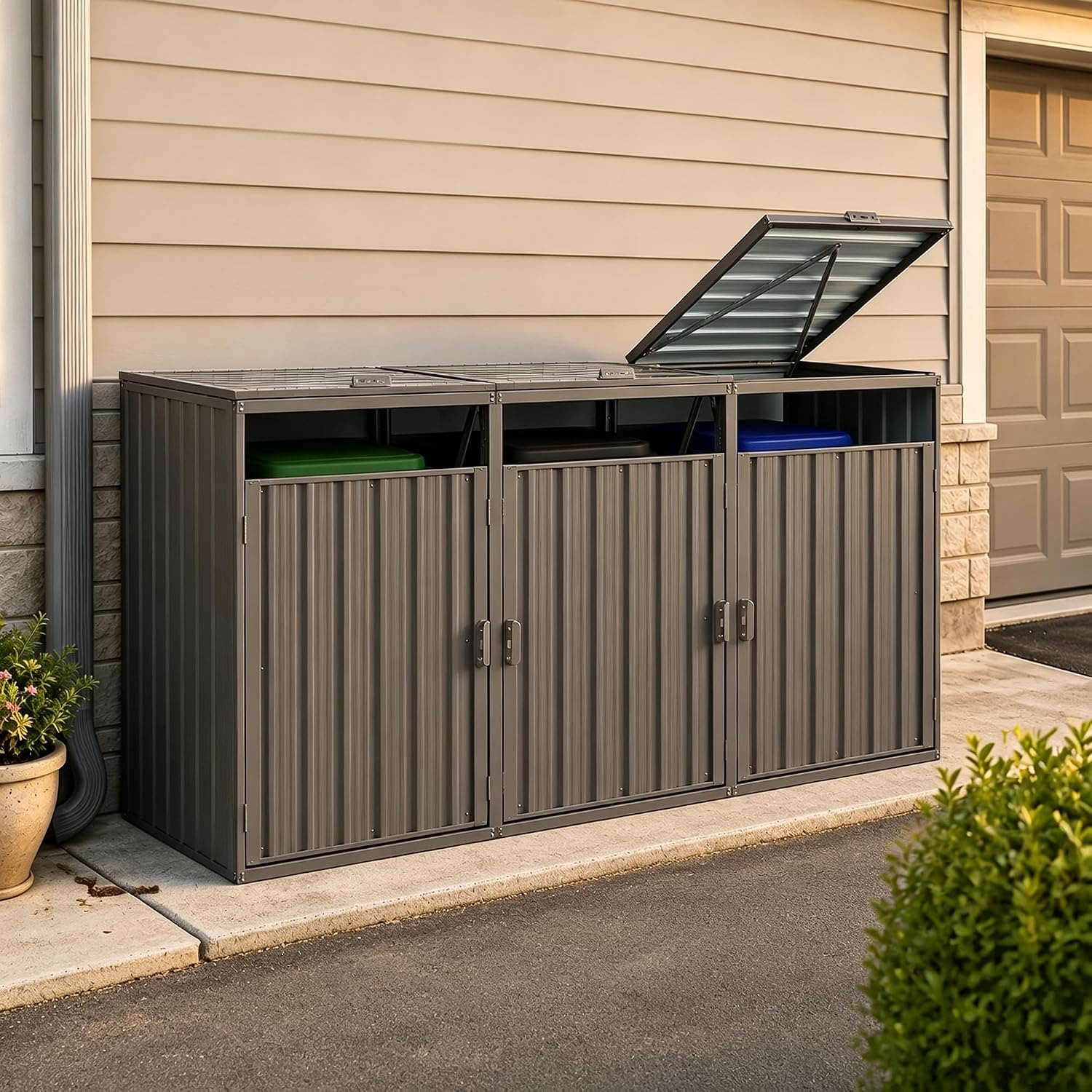 Outdoor 3-Bin Metal Garbage Shed Galvanized Steel with Lockable Doors | Lift-Up Lids, Trash Can Storage, Garden & Yard Use, 3 Compartments, Lawn Storage