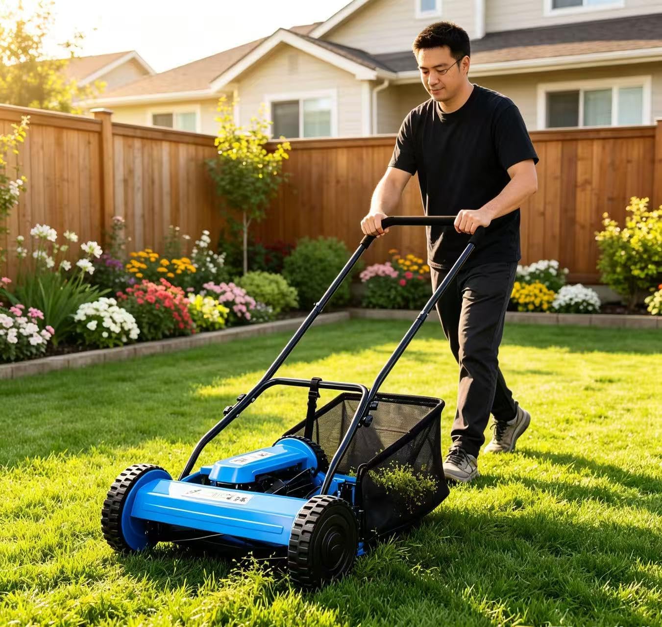 16 Inch 5-Blade Push Reel Lawn Mower with Grass Catcher, Adjustable Cutting Height Manual Reel Mower, Eco-Friendly Noise-Free Walk Behind Grass Cutter for Small Yard Lawn Garden, Blue