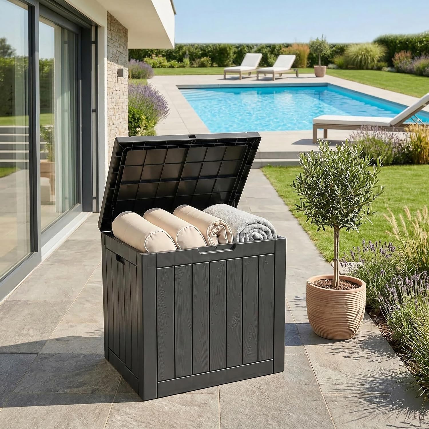 Relaxdays Garden Storage Box with Seat Cushions & Tools, Weatherproof, UV-Resistant, 53x56x43 cm, Black