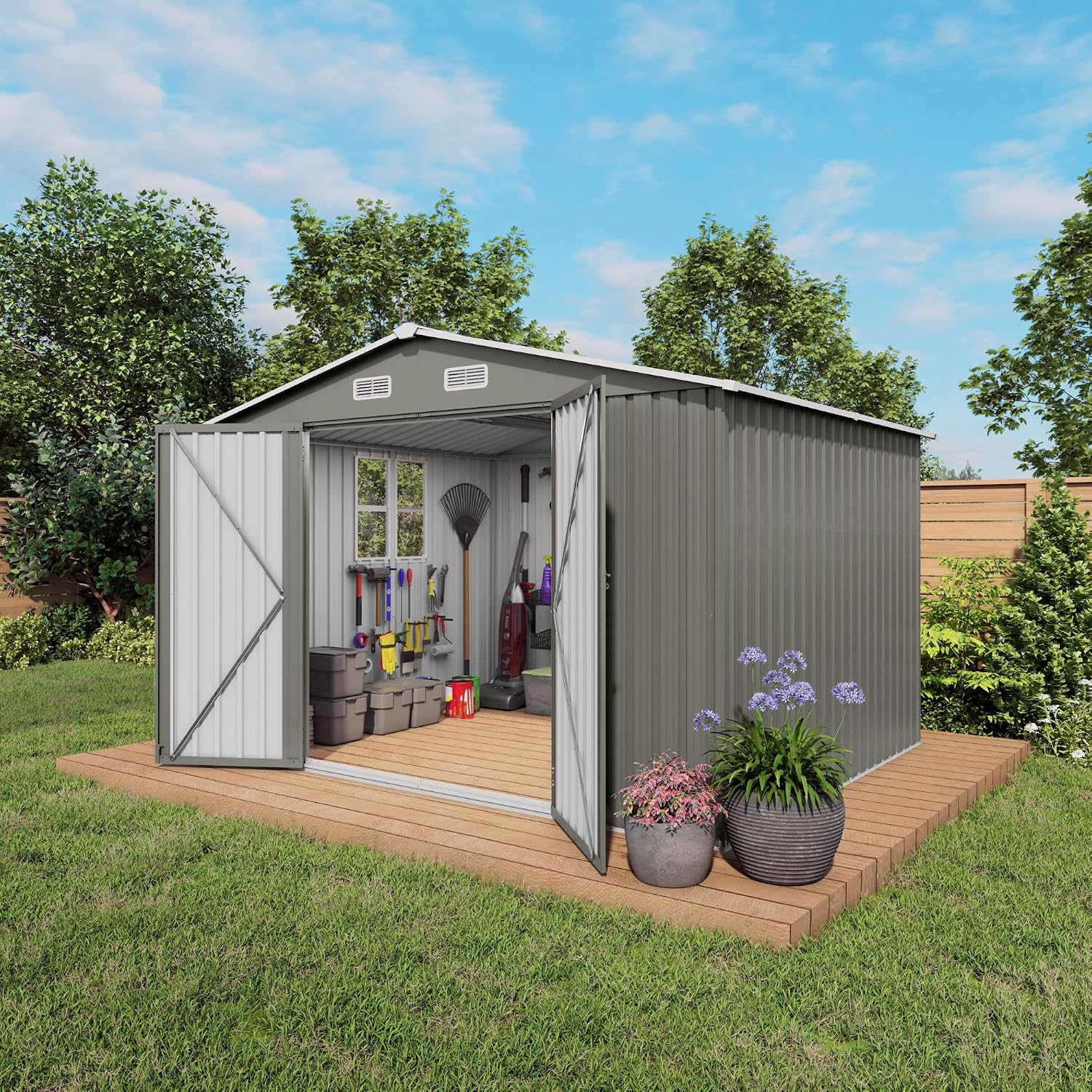Outdoor Metal Storage Shed (10x8 FT) with Lockable Doors, Galvanized Steel Garden Tool Shed, 370 Cu Ft Capacity, Gray