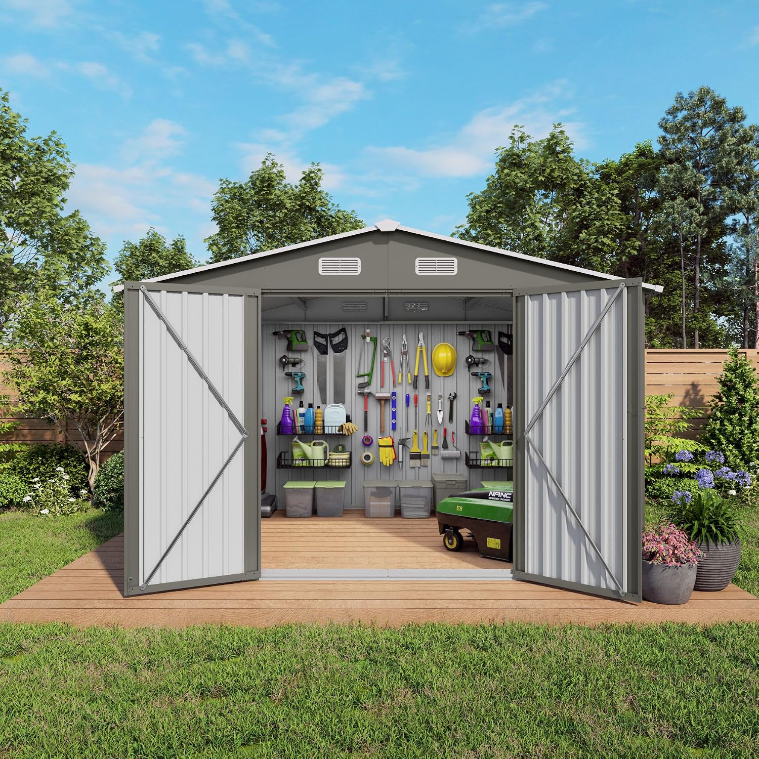 Outdoor Metal Storage Shed (10x8 FT) with Lockable Doors, Galvanized Steel Garden Tool Shed, 370 Cu Ft Capacity, Gray