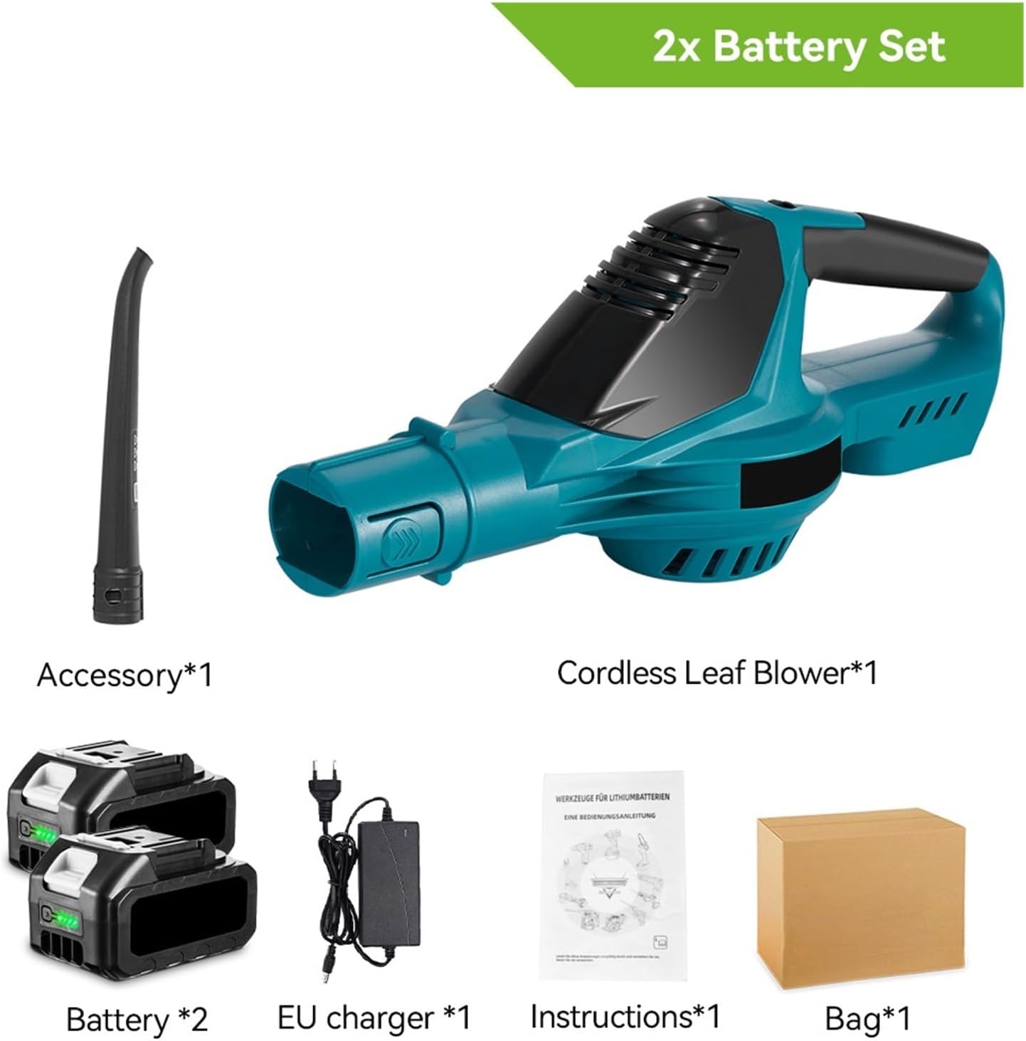 5500W Brushless Electric Air Blower 5 Gears Cordless Leaf Blower Super Powerful Blower Cleaning Tools for 18V Battery Pin(2 Battery EU Plug)