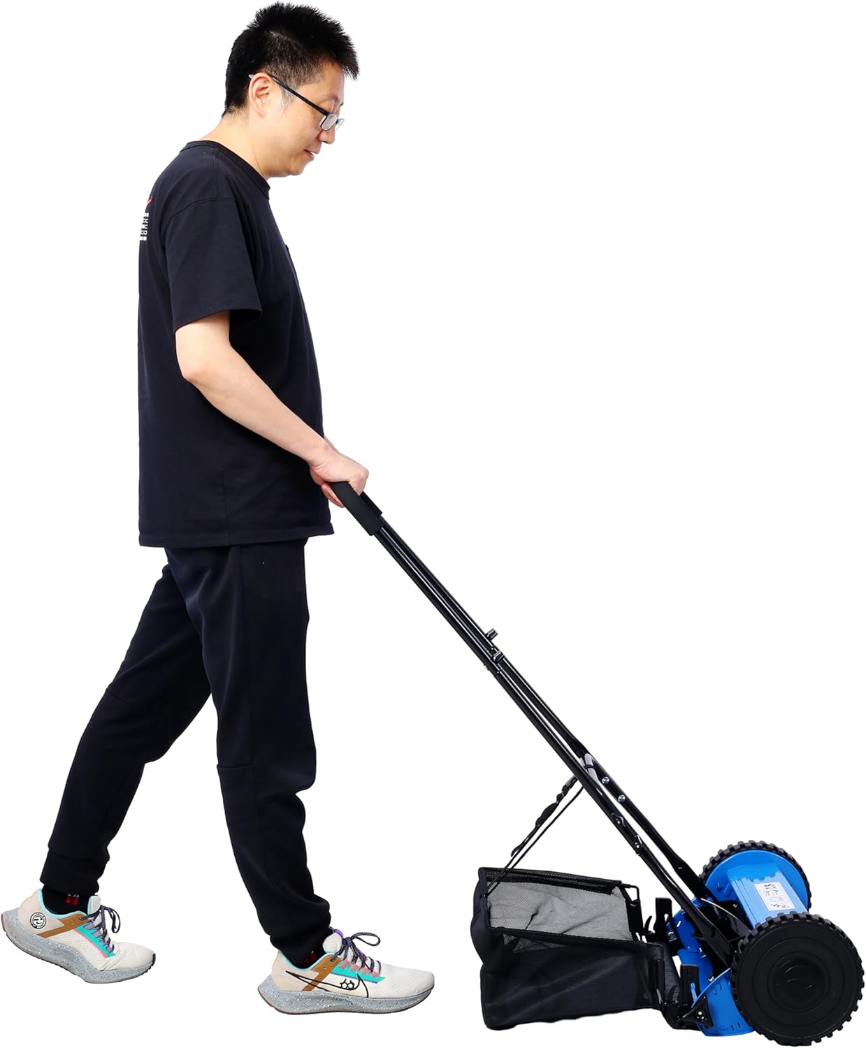 16 Inch 5-Blade Push Reel Lawn Mower with Grass Catcher, Adjustable Cutting Height Manual Reel Mower, Eco-Friendly Noise-Free Walk Behind Grass Cutter for Small Yard Lawn Garden, Blue