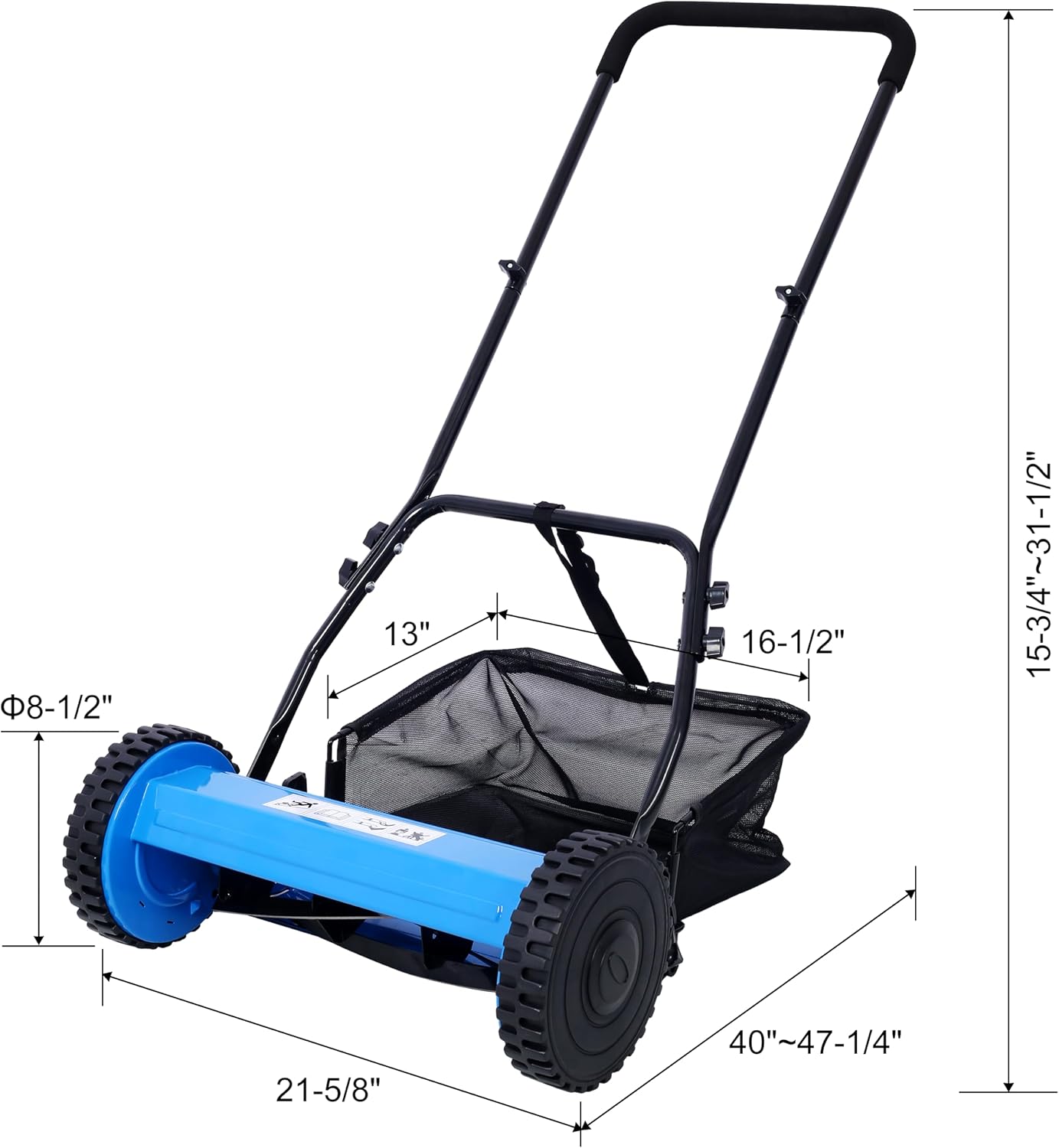 16 Inch 5-Blade Push Reel Lawn Mower with Grass Catcher, Adjustable Cutting Height Manual Reel Mower, Eco-Friendly Noise-Free Walk Behind Grass Cutter for Small Yard Lawn Garden, Blue