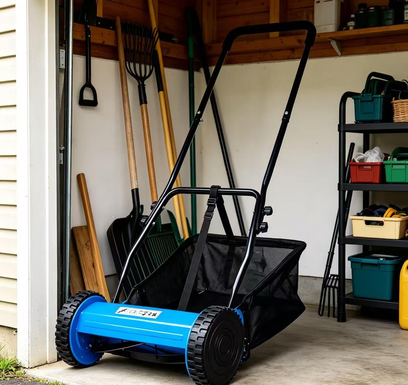 16 Inch 5-Blade Push Reel Lawn Mower with Grass Catcher, Adjustable Cutting Height Manual Reel Mower, Eco-Friendly Noise-Free Walk Behind Grass Cutter for Small Yard Lawn Garden, Blue