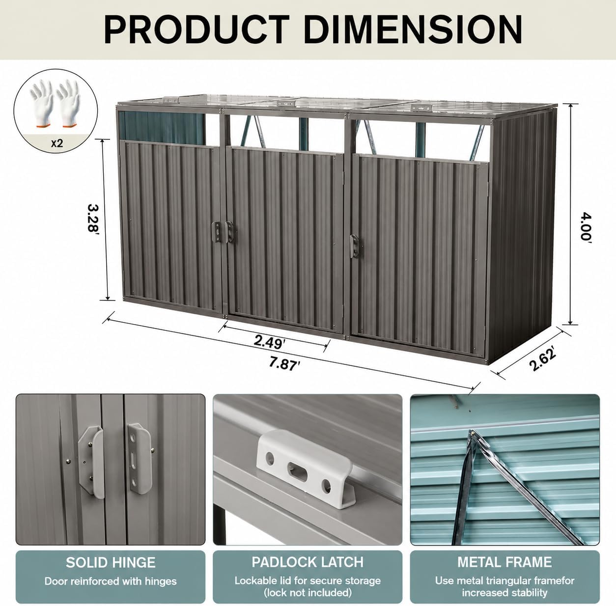 Outdoor 3-Bin Metal Garbage Shed Galvanized Steel with Lockable Doors | Lift-Up Lids, Trash Can Storage, Garden & Yard Use, 3 Compartments, Lawn Storage