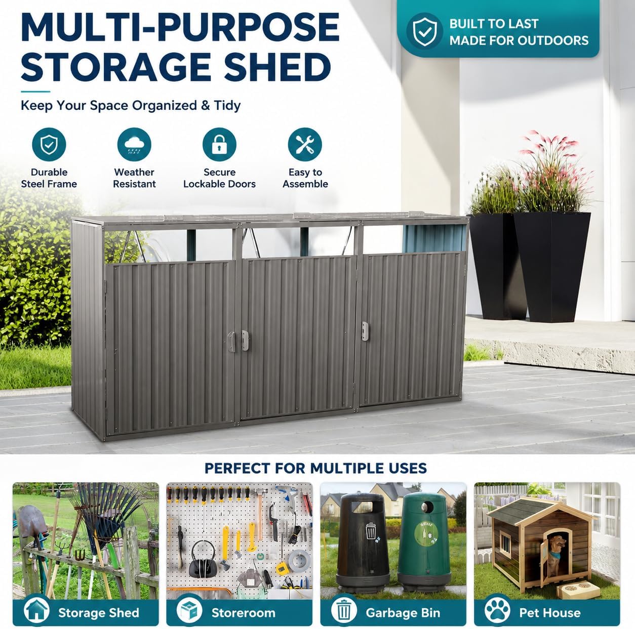 Outdoor 3-Bin Metal Garbage Shed Galvanized Steel with Lockable Doors | Lift-Up Lids, Trash Can Storage, Garden & Yard Use, 3 Compartments, Lawn Storage