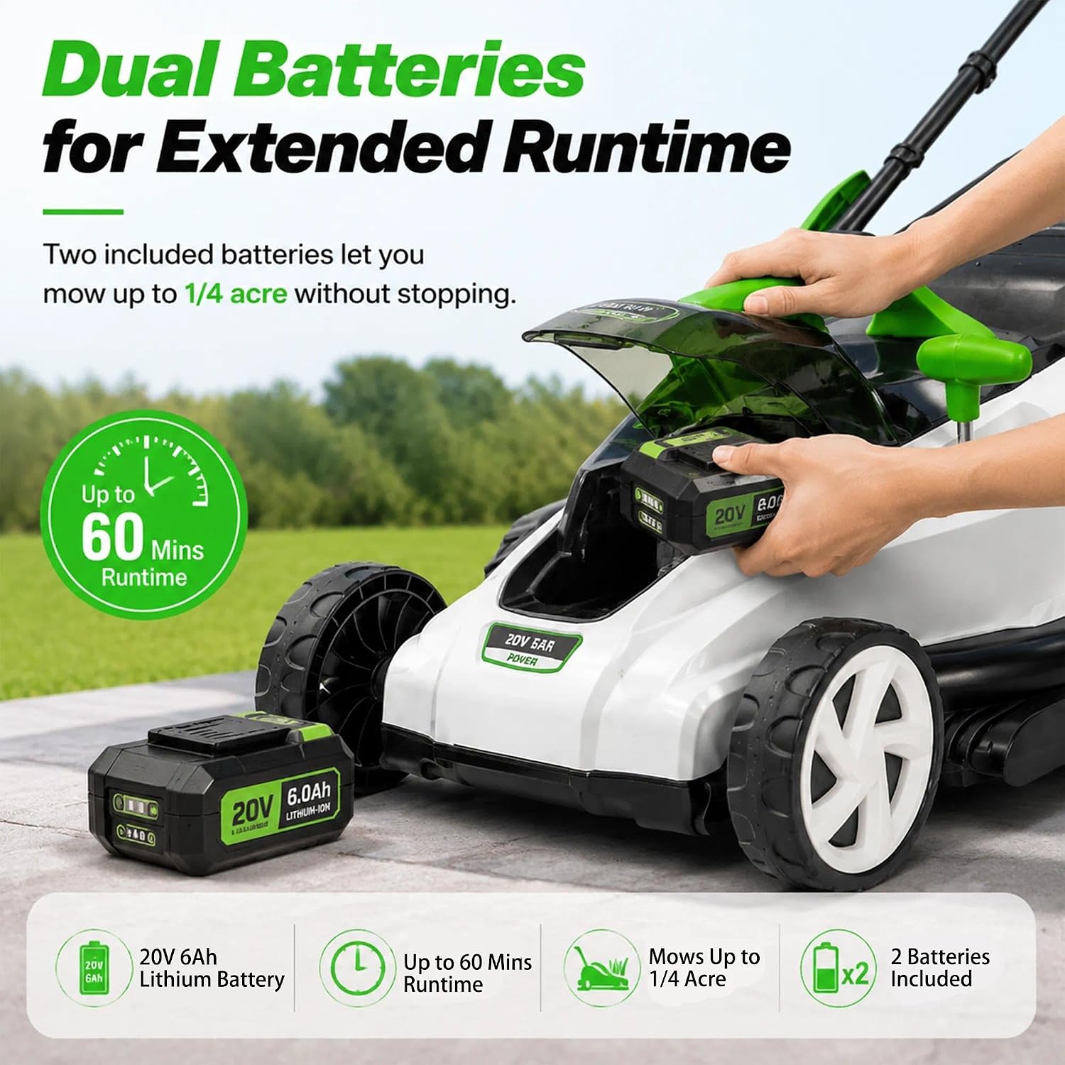 Lightweight Electric Push Mower for Women, 16.5" Cutting Width, 6Ah Battery Powered Electric Mower, Smooth Handling Around Trees and Shrubs, Effortless Lawn Care