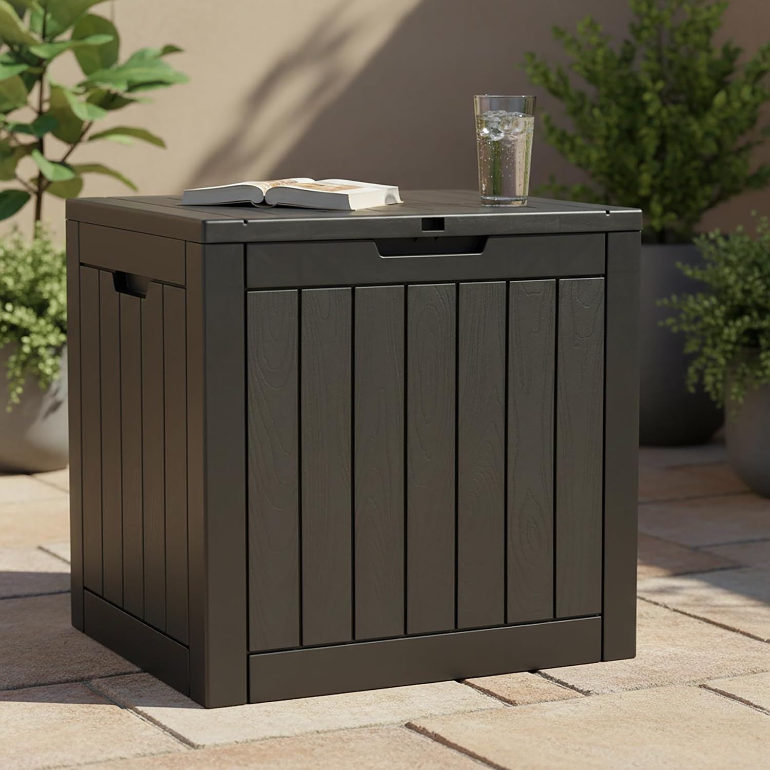 Relaxdays Garden Storage Box with Seat Cushions & Tools, Weatherproof, UV-Resistant, 53x56x43 cm, Black