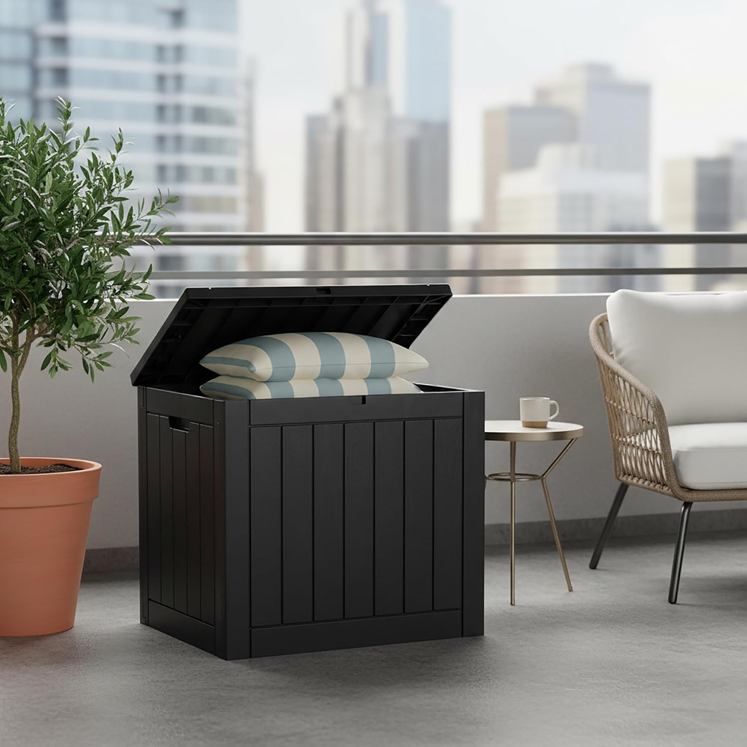 Relaxdays Garden Storage Box with Seat Cushions & Tools, Weatherproof, UV-Resistant, 53x56x43 cm, Black