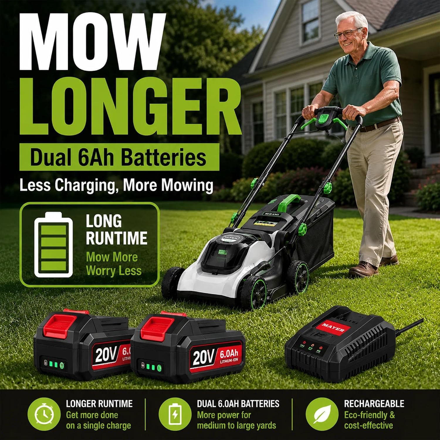 Battery-Powered Lawn Mower for Seniors – Lightweight, Easy Start, Quiet & Safe, Dual 6.0Ah Batteries for Long Runtime, Perfect for Small to Medium Yards