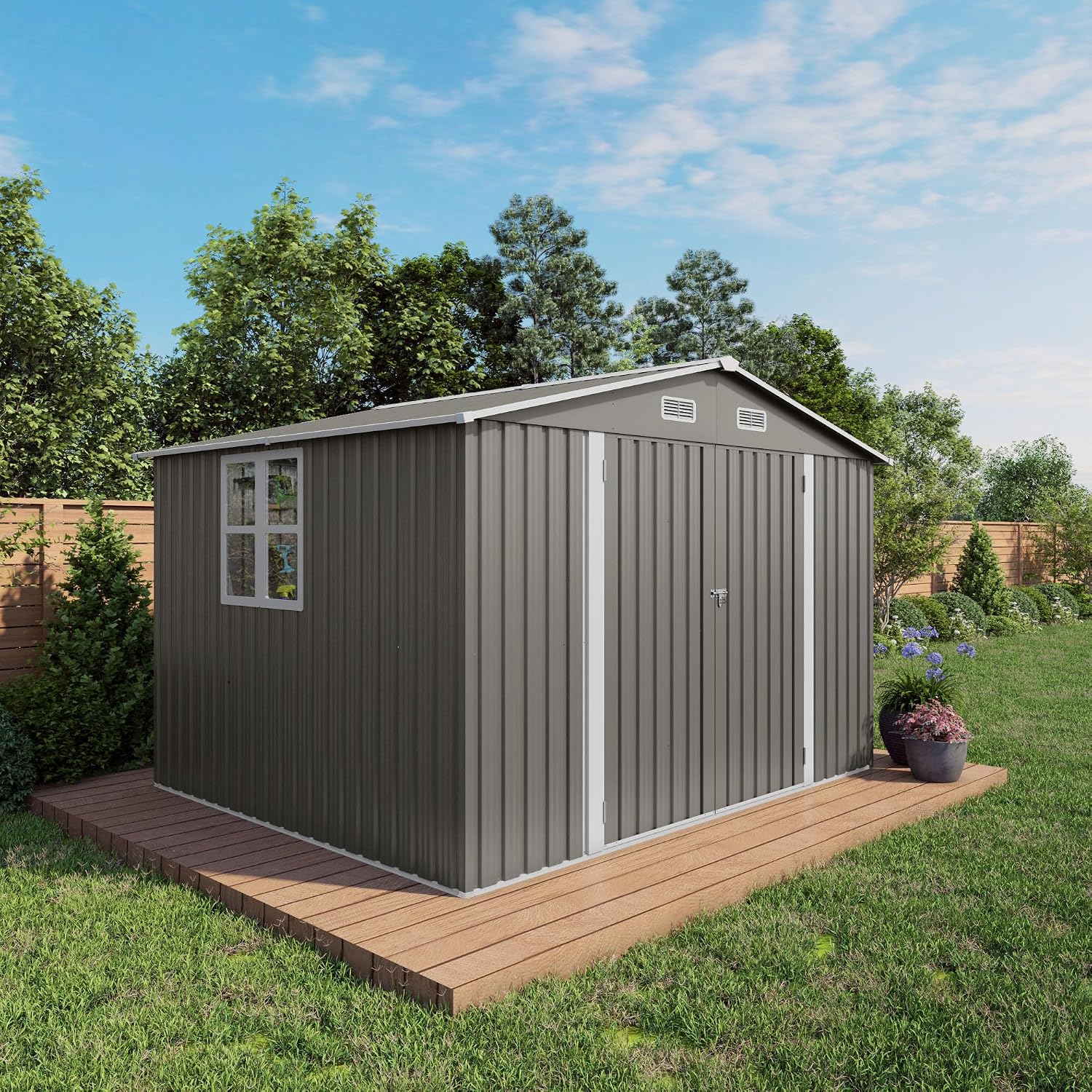 Outdoor Metal Storage Shed (10x8 FT) with Lockable Doors, Galvanized Steel Garden Tool Shed, 370 Cu Ft Capacity, Gray