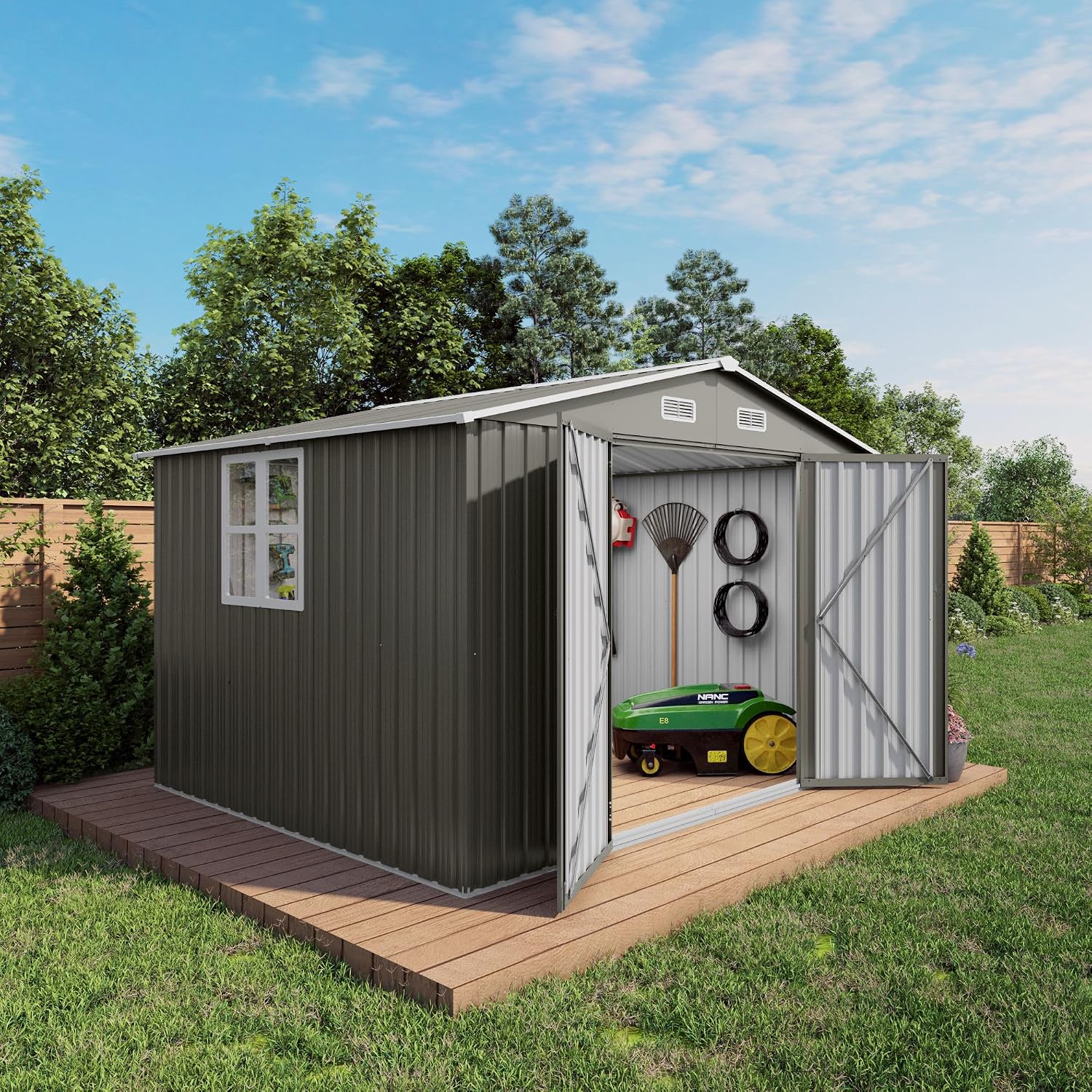 Outdoor Metal Storage Shed (10x8 FT) with Lockable Doors, Galvanized Steel Garden Tool Shed, 370 Cu Ft Capacity, Gray